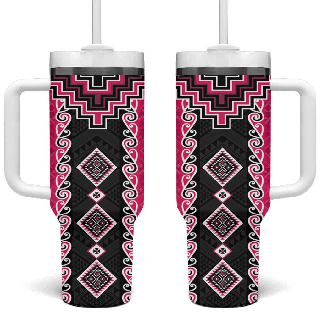 Pink Niho Taniwha Mix Poutama Tumbler With Handle Unique Taniko Aotearoa