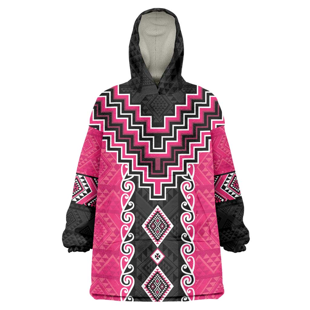 Pink Niho Taniwha Mix Poutama Wearable Blanket Hoodie Unique Taniko Aotearoa