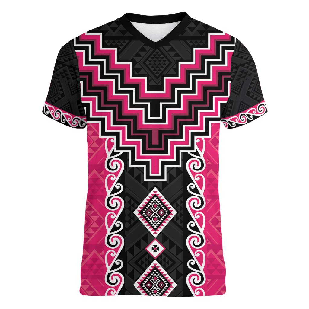 Pink Niho Taniwha Mix Poutama Women V-Neck T-Shirt Unique Taniko Aotearoa