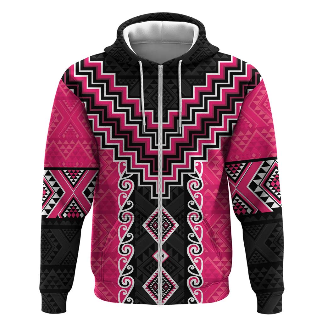 Pink Niho Taniwha Mix Poutama Zip Hoodie Unique Taniko Aotearoa LT01 Zip Hoodie Pink - Polynesian Pride