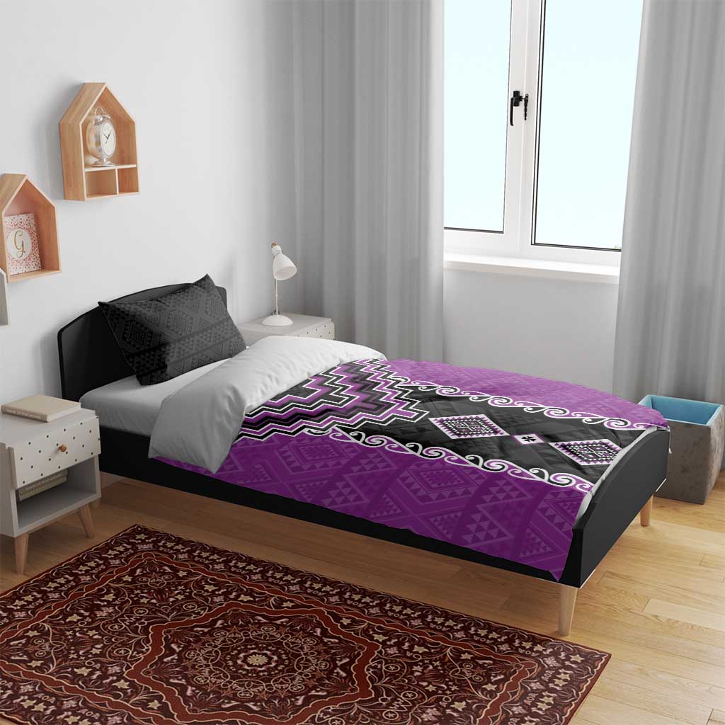 Purple Niho Taniwha Mix Poutama Bedding Set Unique Taniko Aotearoa