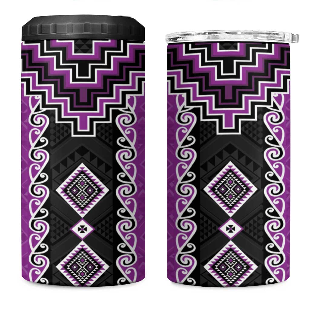 Purple Niho Taniwha Mix Poutama 4 in 1 Can Cooler Tumbler Unique Taniko Aotearoa