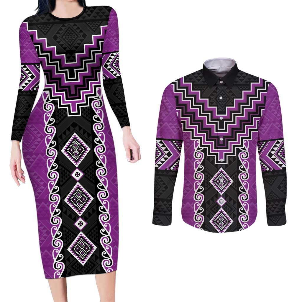 Purple Niho Taniwha Mix Poutama Couples Matching Long Sleeve Bodycon Dress and Long Sleeve Button Shirt Unique Taniko Aotearoa