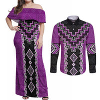 Purple Niho Taniwha Mix Poutama Couples Matching Off Shoulder Maxi Dress and Long Sleeve Button Shirt Unique Taniko Aotearoa LT01 Purple - Polynesian Pride