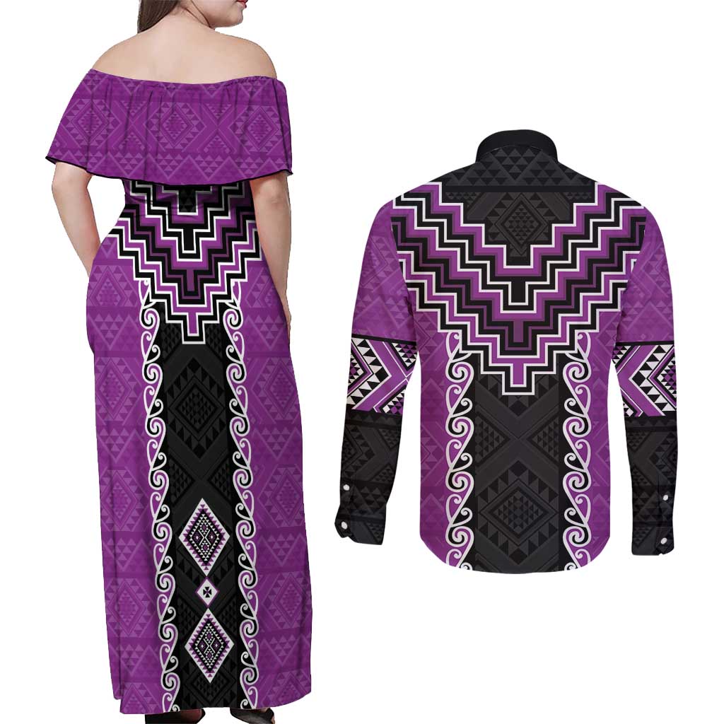 Purple Niho Taniwha Mix Poutama Couples Matching Off Shoulder Maxi Dress and Long Sleeve Button Shirt Unique Taniko Aotearoa LT01 - Polynesian Pride