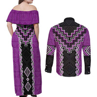 Purple Niho Taniwha Mix Poutama Couples Matching Off Shoulder Maxi Dress and Long Sleeve Button Shirt Unique Taniko Aotearoa LT01 - Polynesian Pride
