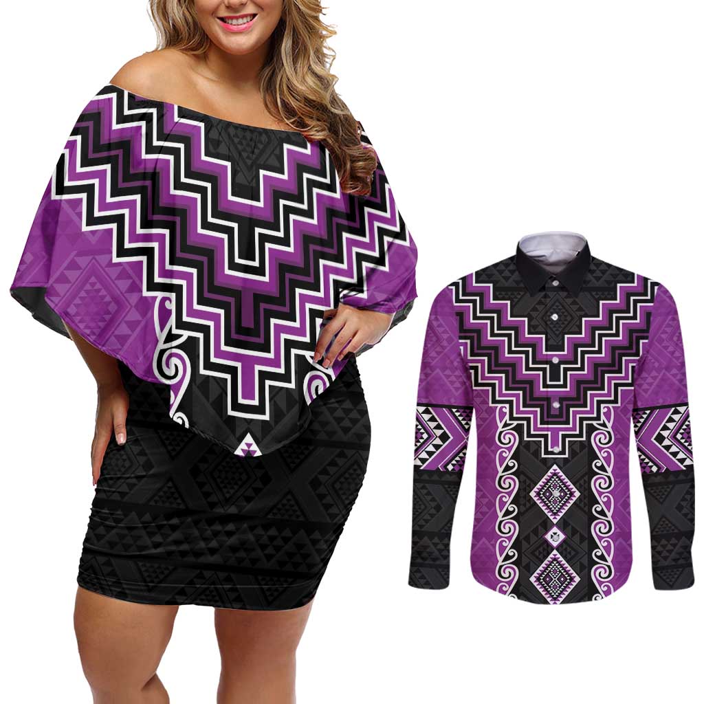 Purple Niho Taniwha Mix Poutama Couples Matching Off Shoulder Short Dress and Long Sleeve Button Shirt Unique Taniko Aotearoa