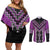 Purple Niho Taniwha Mix Poutama Couples Matching Off Shoulder Short Dress and Long Sleeve Button Shirt Unique Taniko Aotearoa