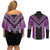 Purple Niho Taniwha Mix Poutama Couples Matching Off Shoulder Short Dress and Long Sleeve Button Shirt Unique Taniko Aotearoa