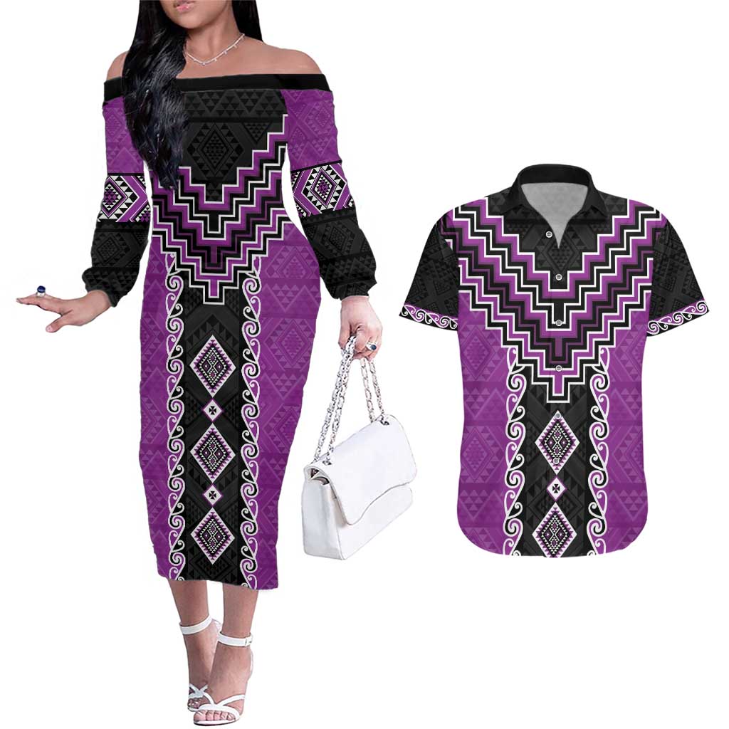 Purple Niho Taniwha Mix Poutama Couples Matching Off The Shoulder Long Sleeve Dress and Hawaiian Shirt Unique Taniko Aotearoa