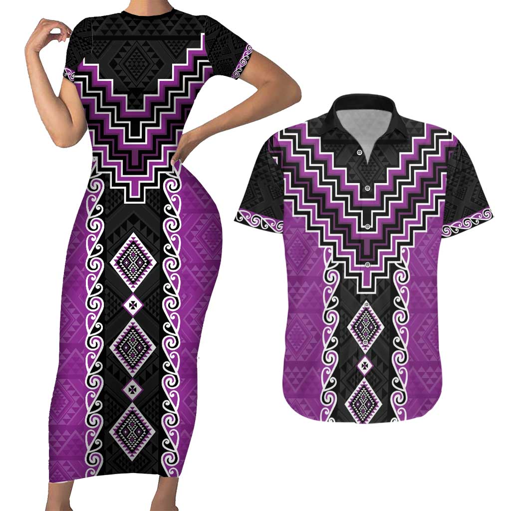 Purple Niho Taniwha Mix Poutama Couples Matching Short Sleeve Bodycon Dress and Hawaiian Shirt Unique Taniko Aotearoa