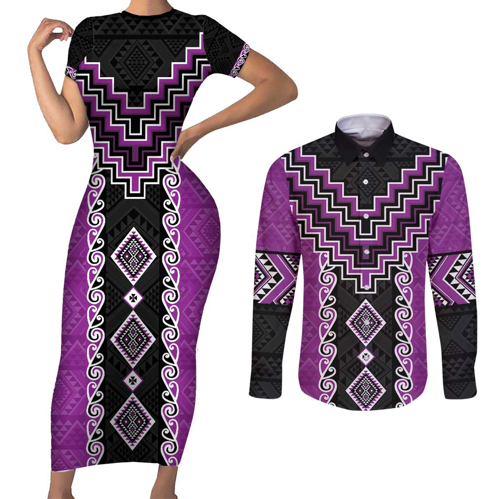 Purple Niho Taniwha Mix Poutama Couples Matching Short Sleeve Bodycon Dress and Long Sleeve Button Shirt Unique Taniko Aotearoa