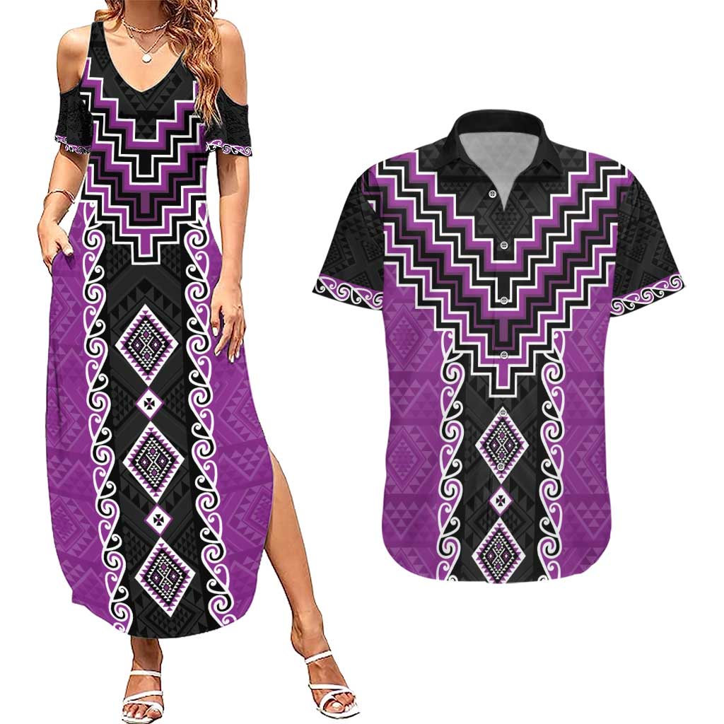 Purple Niho Taniwha Mix Poutama Couples Matching Summer Maxi Dress and Hawaiian Shirt Unique Taniko Aotearoa