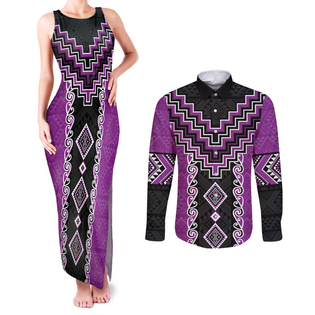 Purple Niho Taniwha Mix Poutama Couples Matching Tank Maxi Dress and Long Sleeve Button Shirt Unique Taniko Aotearoa