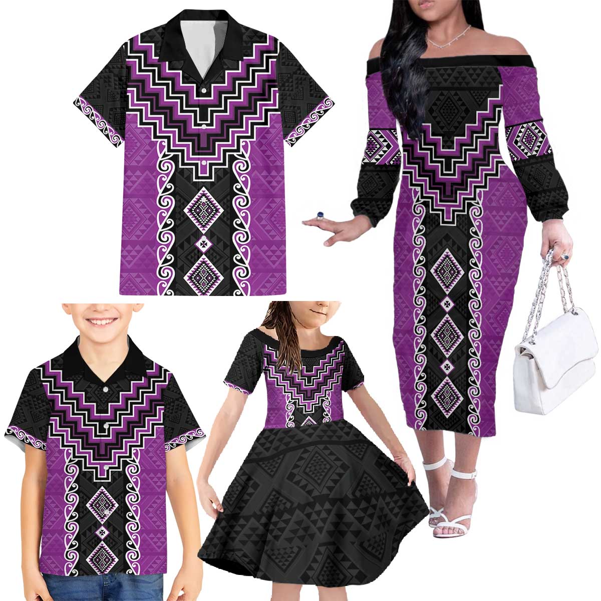 Purple Niho Taniwha Mix Poutama Family Matching Off The Shoulder Long Sleeve Dress and Hawaiian Shirt Unique Taniko Aotearoa