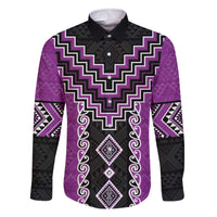 Purple Niho Taniwha Mix Poutama Family Matching Off The Shoulder Long Sleeve Dress and Hawaiian Shirt Unique Taniko Aotearoa