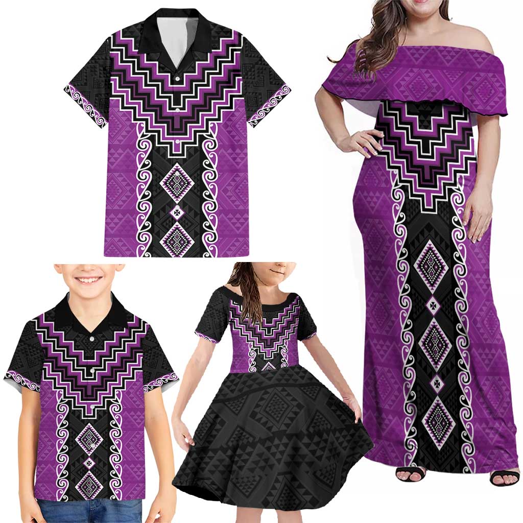 Purple Niho Taniwha Mix Poutama Family Matching Off Shoulder Maxi Dress and Hawaiian Shirt Unique Taniko Aotearoa