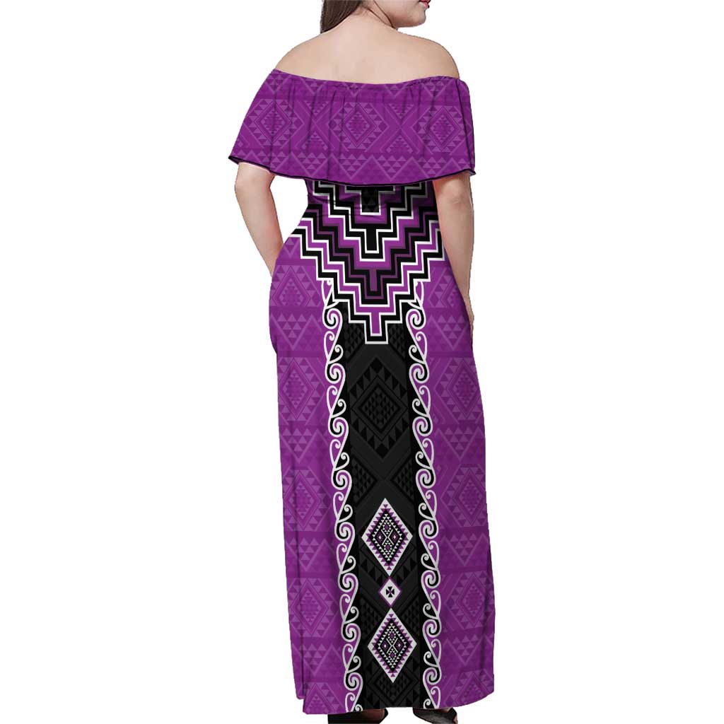 Purple Niho Taniwha Mix Poutama Family Matching Off Shoulder Maxi Dress and Hawaiian Shirt Unique Taniko Aotearoa