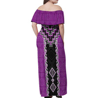 Purple Niho Taniwha Mix Poutama Family Matching Off Shoulder Maxi Dress and Hawaiian Shirt Unique Taniko Aotearoa