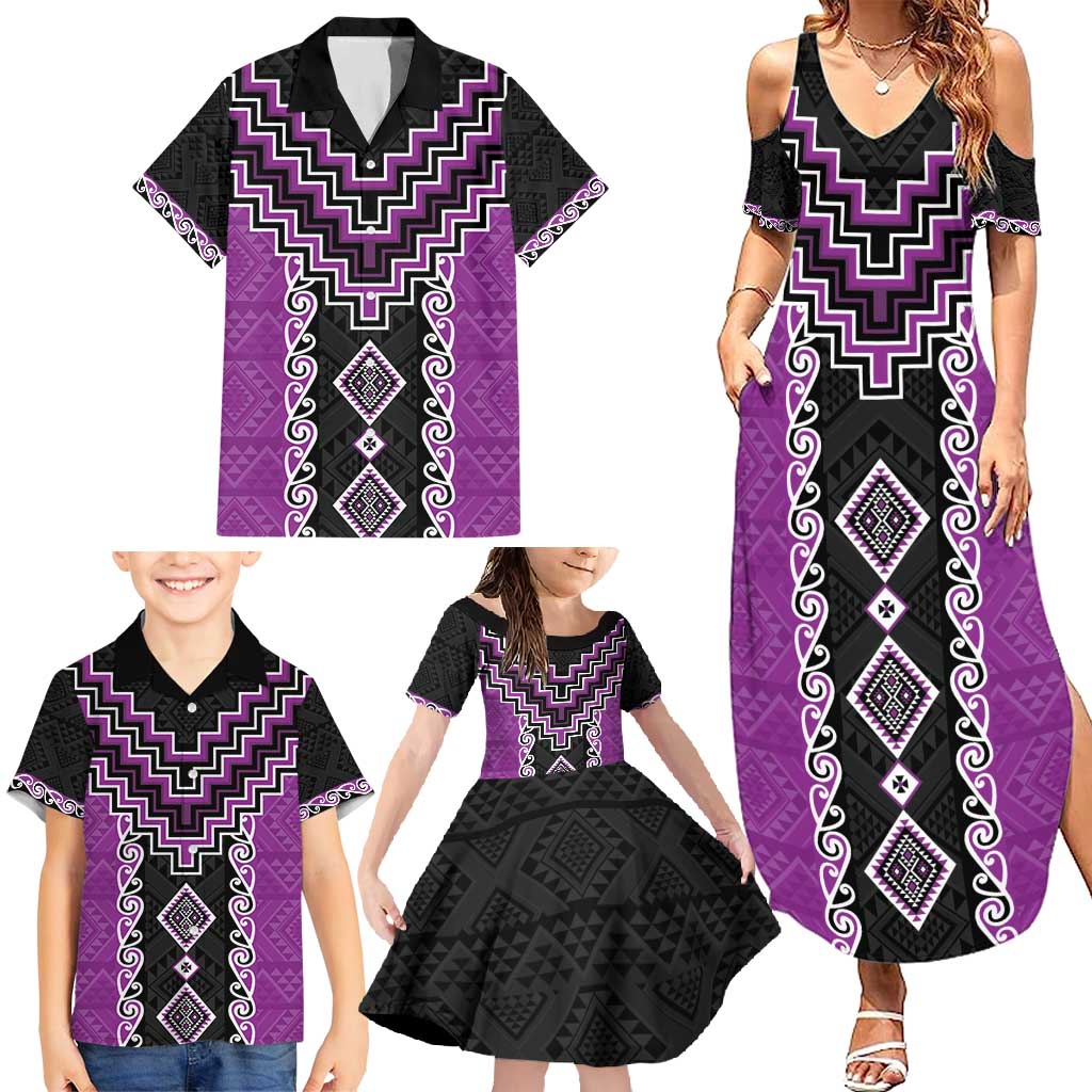 Purple Niho Taniwha Mix Poutama Family Matching Summer Maxi Dress and Hawaiian Shirt Unique Taniko Aotearoa