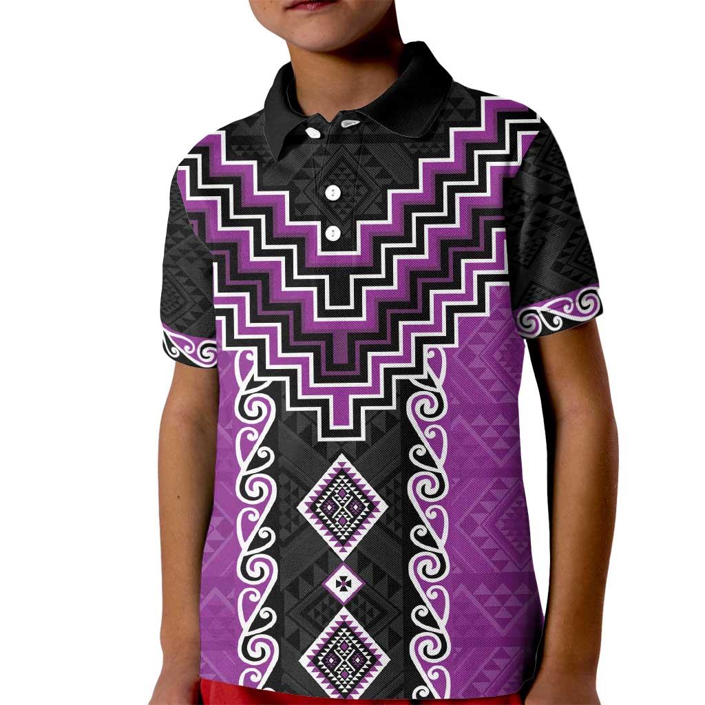 Purple Niho Taniwha Mix Poutama Kid Polo Shirt Unique Taniko Aotearoa