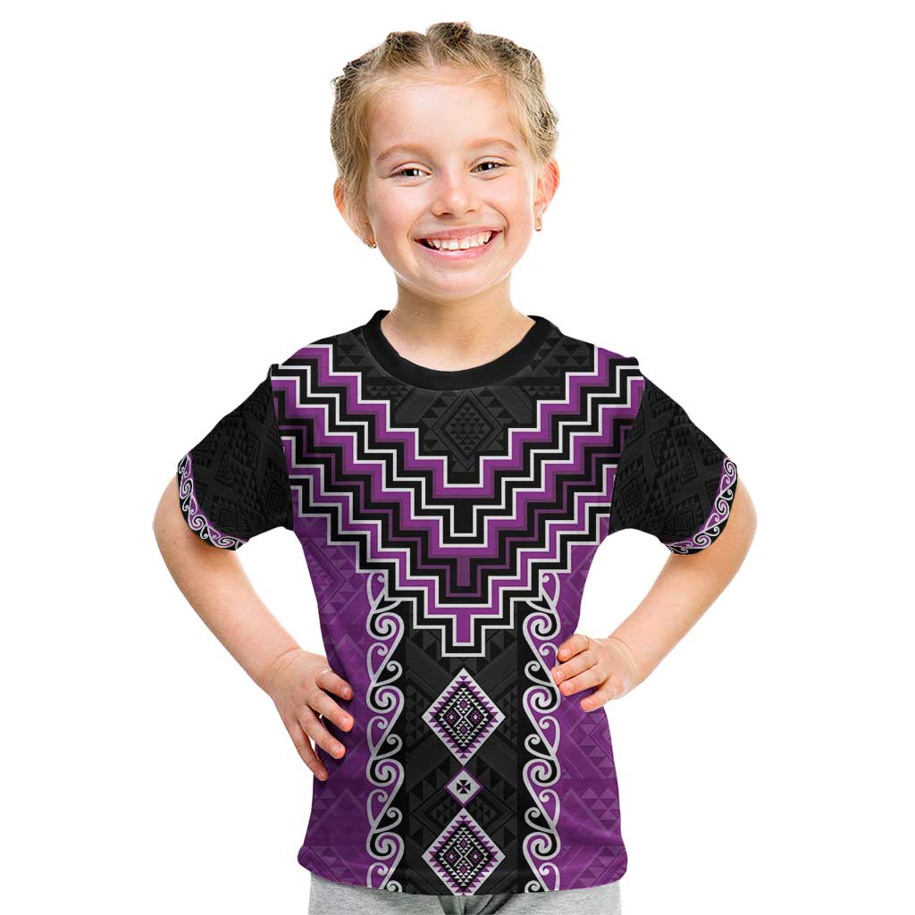 Purple Niho Taniwha Mix Poutama Kid T Shirt Unique Taniko Aotearoa