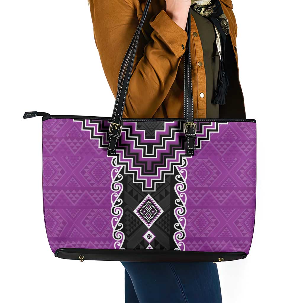 Purple Niho Taniwha Mix Poutama Leather Tote Bag Unique Taniko Aotearoa