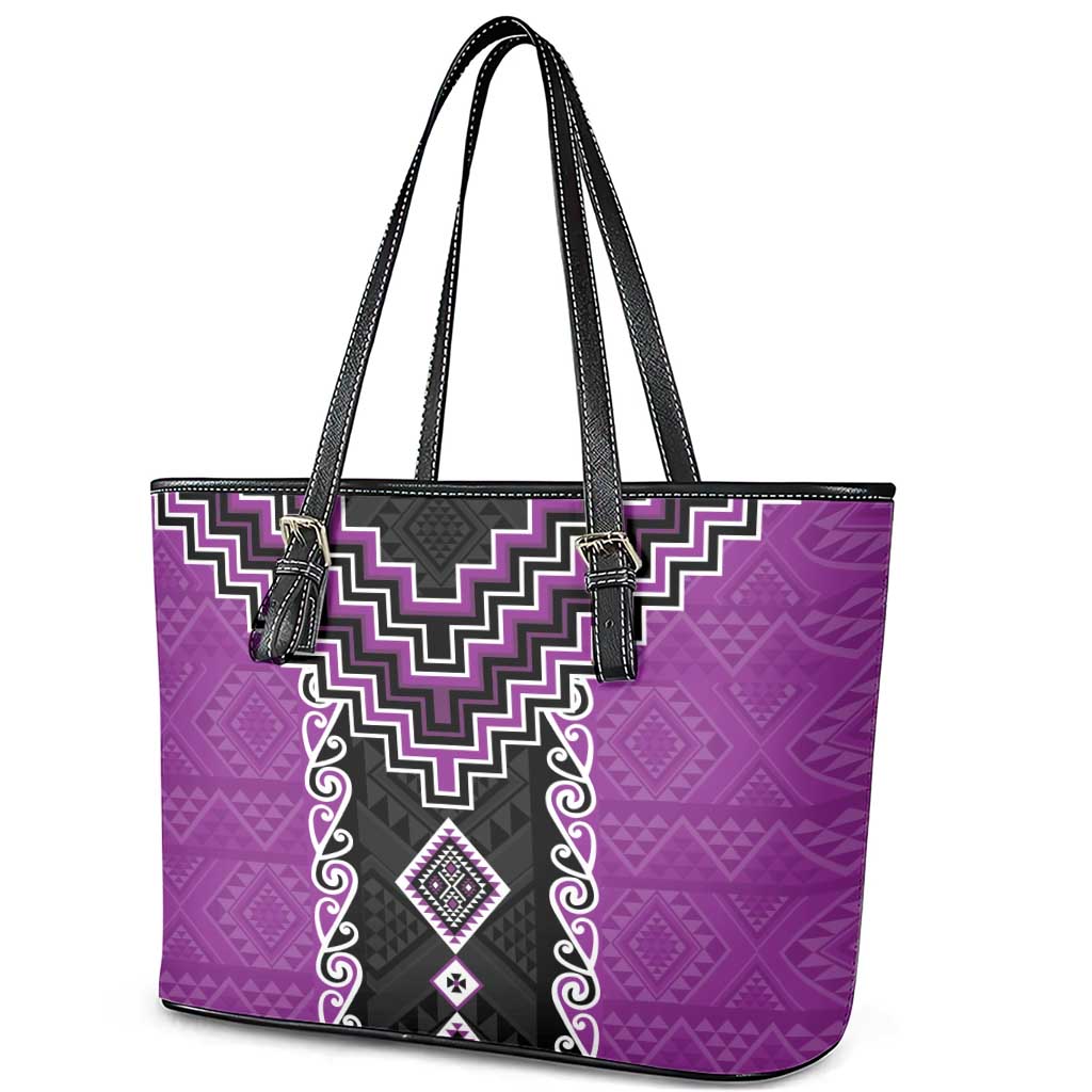 Purple Niho Taniwha Mix Poutama Leather Tote Bag Unique Taniko Aotearoa