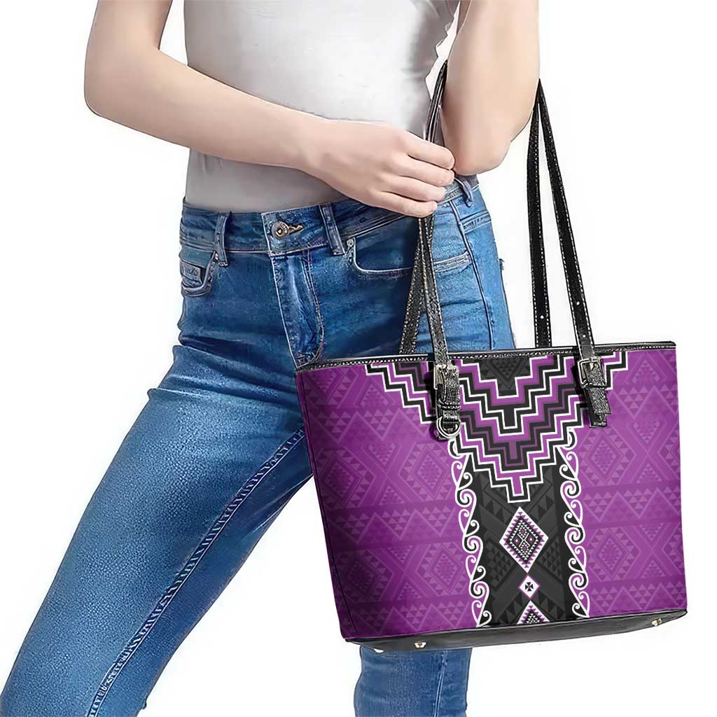 Purple Niho Taniwha Mix Poutama Leather Tote Bag Unique Taniko Aotearoa