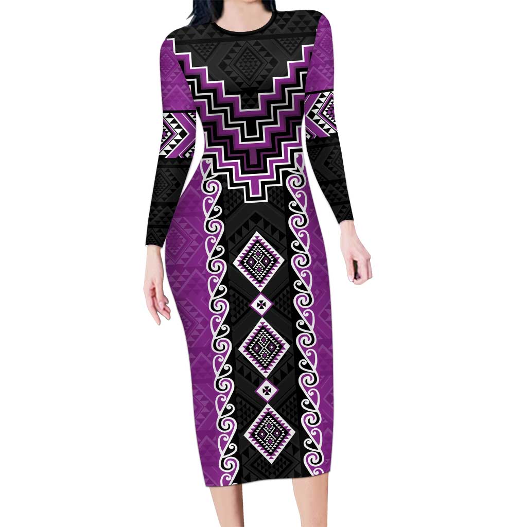 Purple Niho Taniwha Mix Poutama Long Sleeve Bodycon Dress Unique Taniko Aotearoa LT01 Long Dress Purple - Polynesian Pride