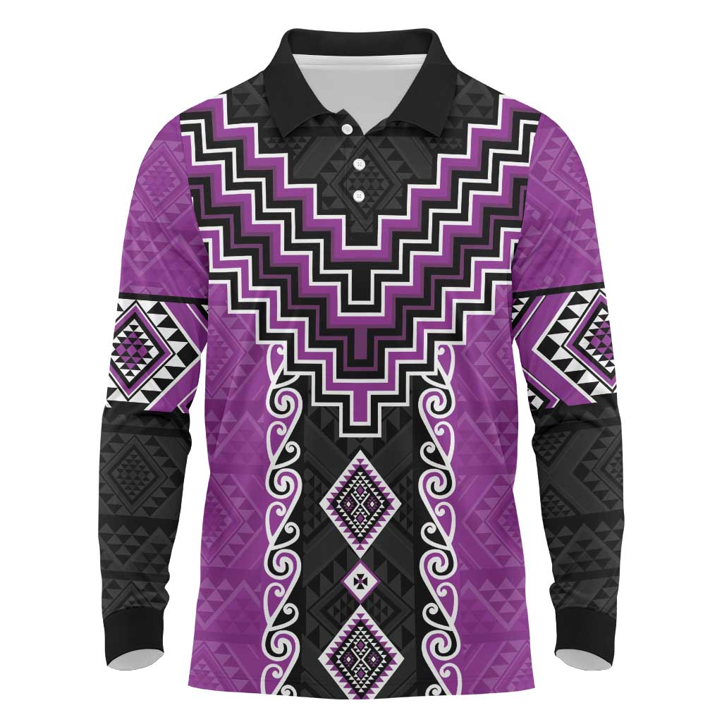 Purple Niho Taniwha Mix Poutama Long Sleeve Polo Shirt Unique Taniko Aotearoa