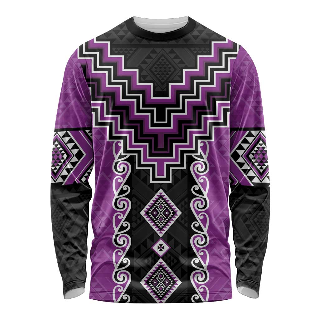 Purple Niho Taniwha Mix Poutama Long Sleeve Shirt Unique Taniko Aotearoa