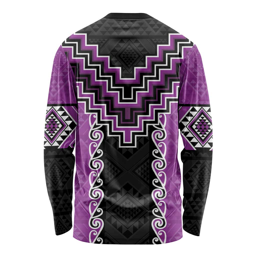 Purple Niho Taniwha Mix Poutama Long Sleeve Shirt Unique Taniko Aotearoa