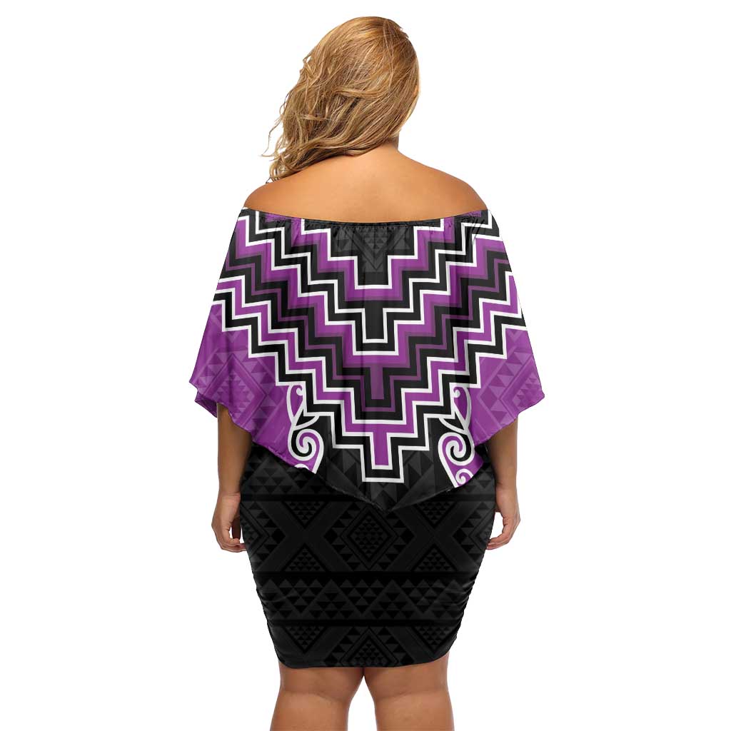 Purple Niho Taniwha Mix Poutama Off Shoulder Short Dress Unique Taniko Aotearoa