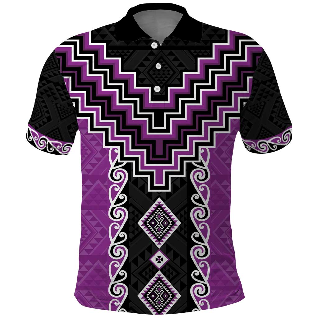 Purple Niho Taniwha Mix Poutama Polo Shirt Unique Taniko Aotearoa