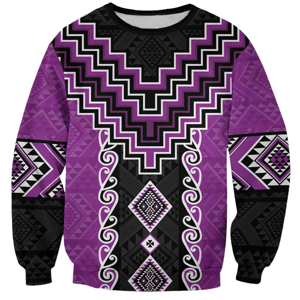 Purple Niho Taniwha Mix Poutama Sweatshirt Unique Taniko Aotearoa