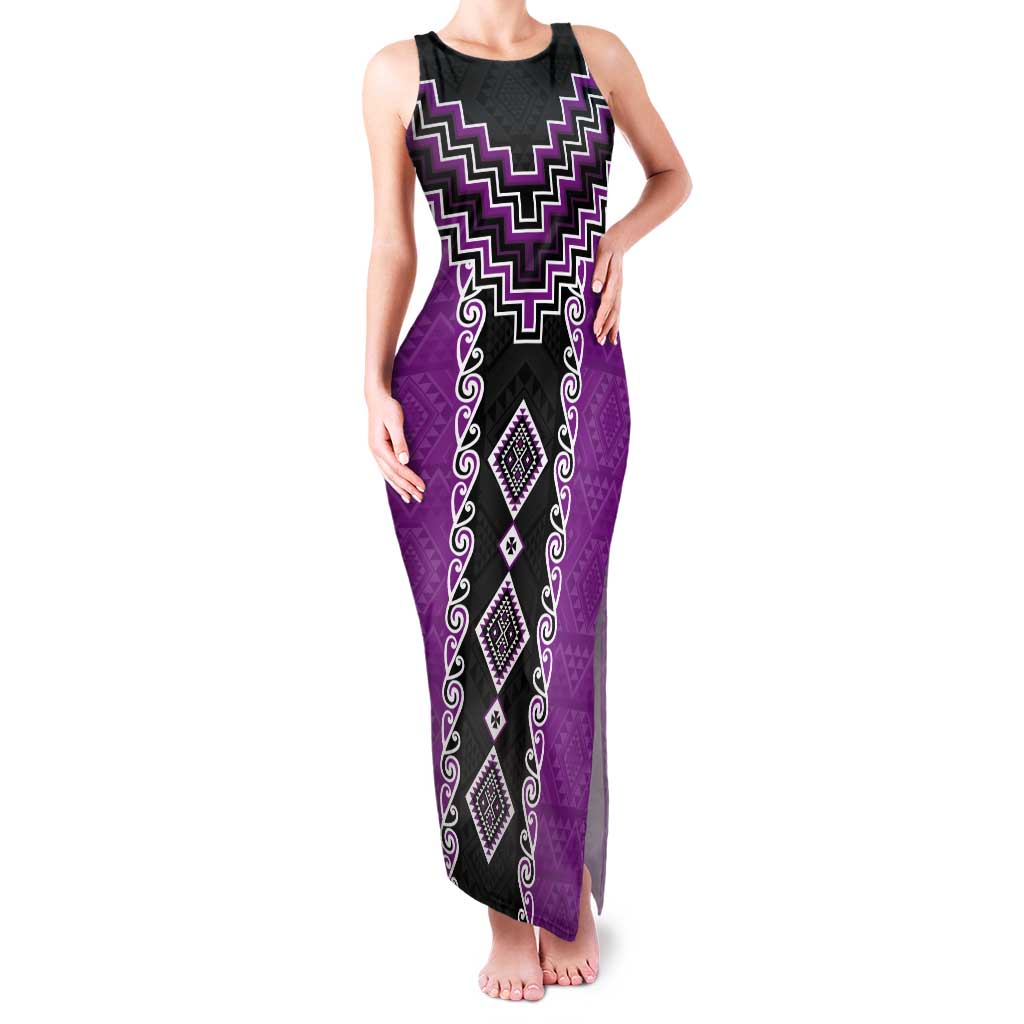 Purple Niho Taniwha Mix Poutama Tank Maxi Dress Unique Taniko Aotearoa