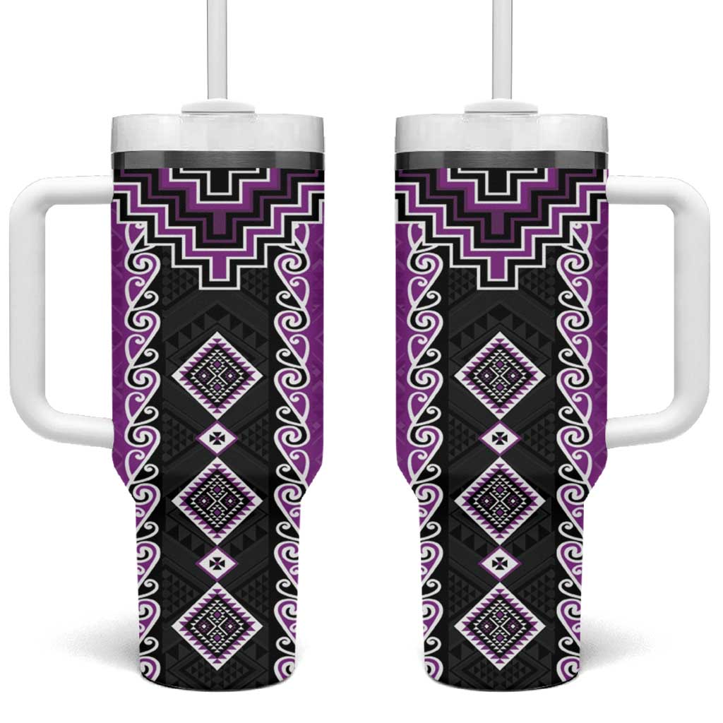 Purple Niho Taniwha Mix Poutama Tumbler With Handle Unique Taniko Aotearoa