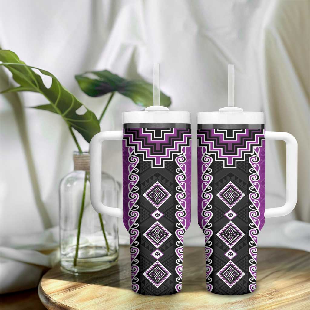 Purple Niho Taniwha Mix Poutama Tumbler With Handle Unique Taniko Aotearoa