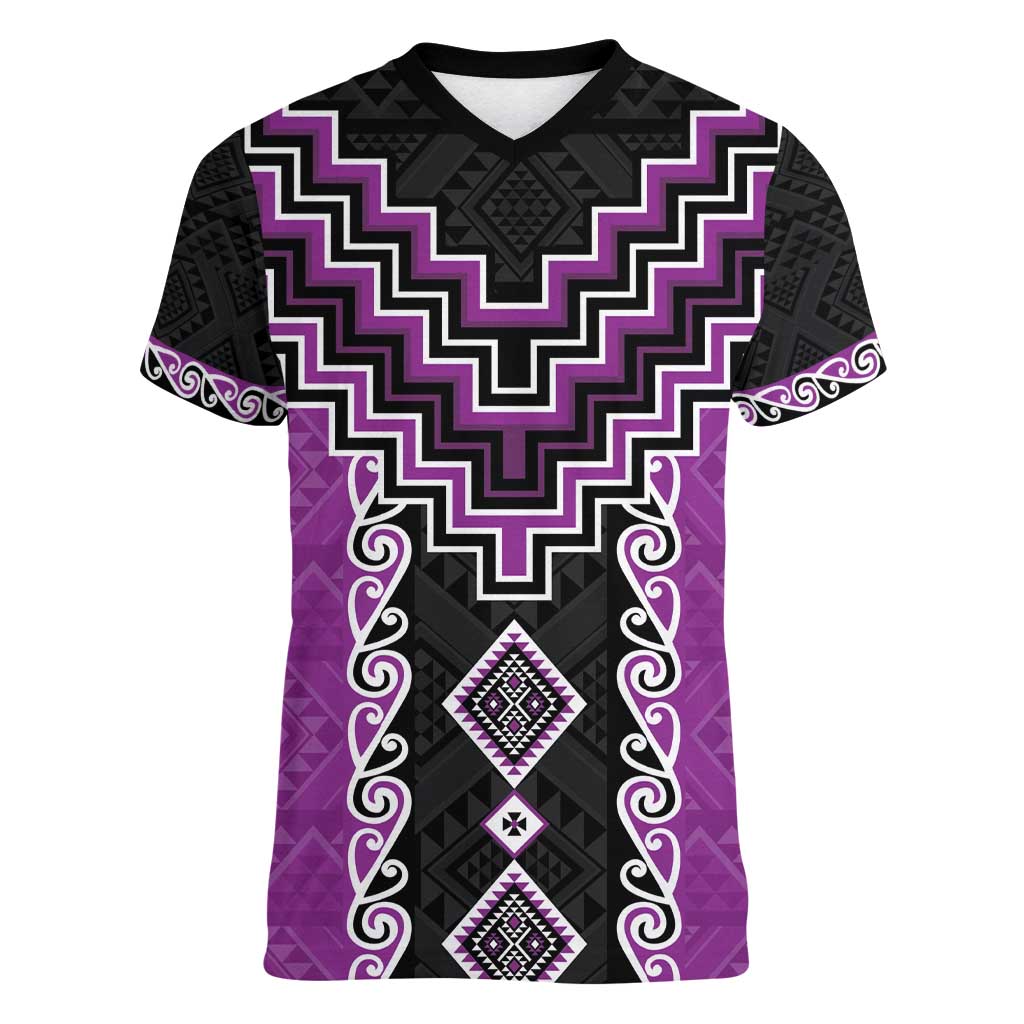 Purple Niho Taniwha Mix Poutama Women V-Neck T-Shirt Unique Taniko Aotearoa