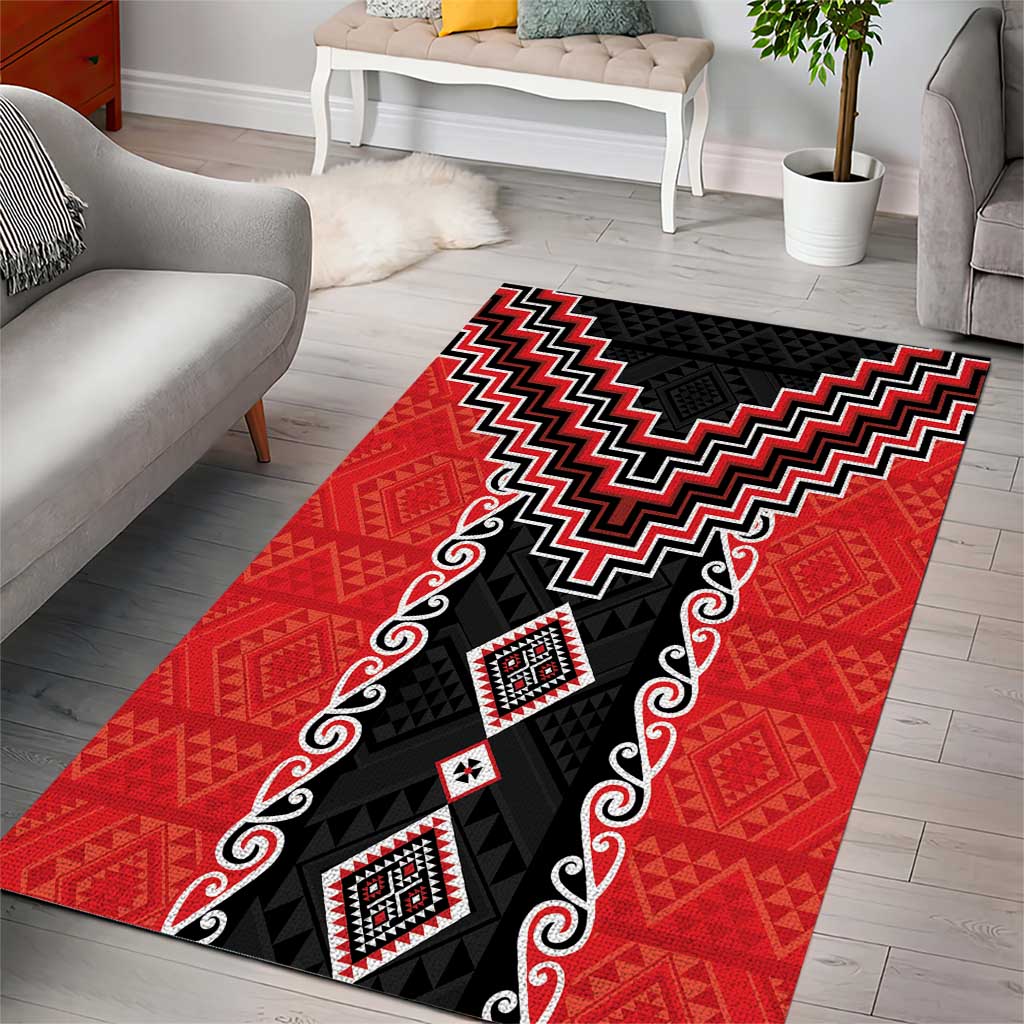 Red Niho Taniwha Mix Poutama Area Rug Unique Taniko Aotearoa