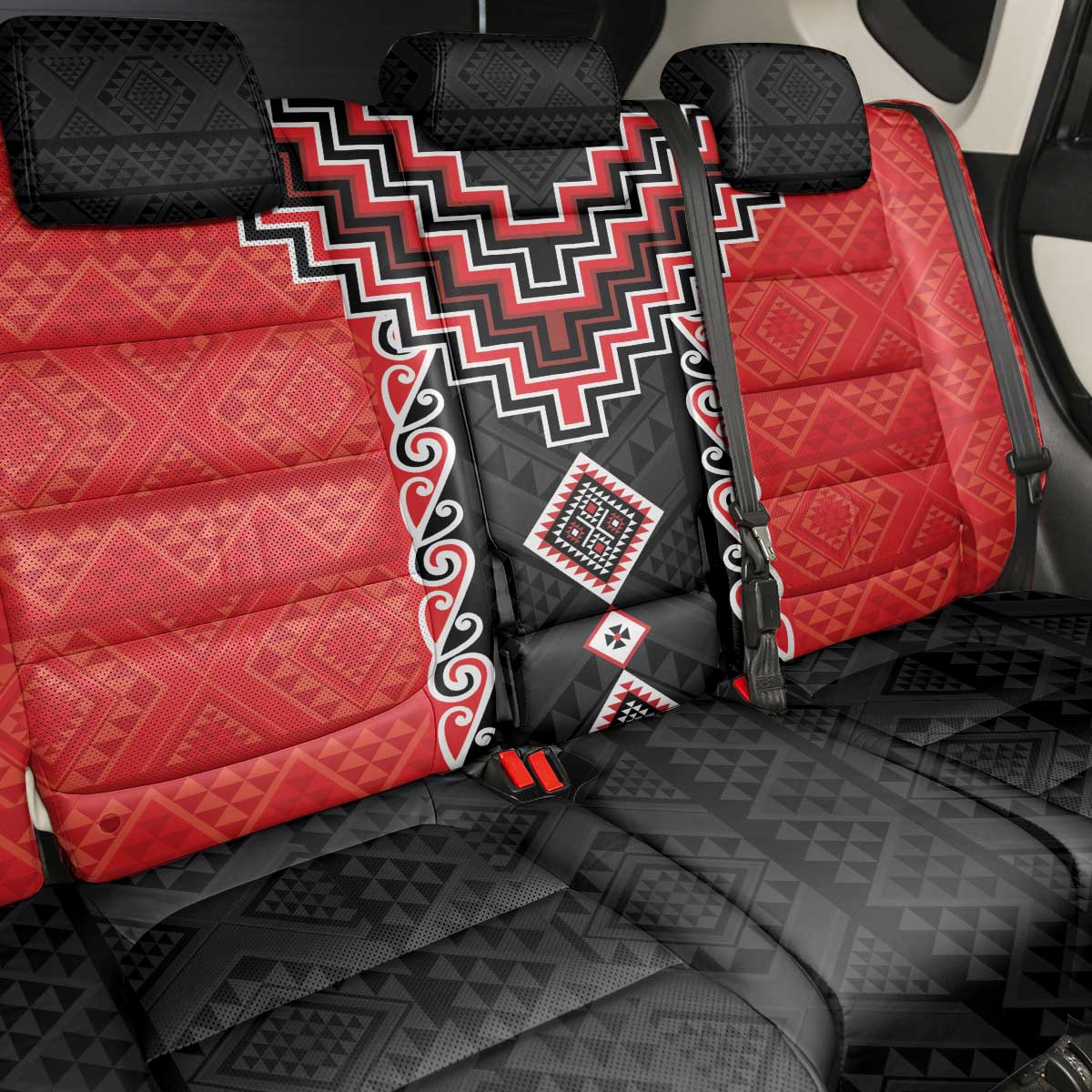Red Niho Taniwha Mix Poutama Back Car Seat Cover Unique Taniko Aotearoa