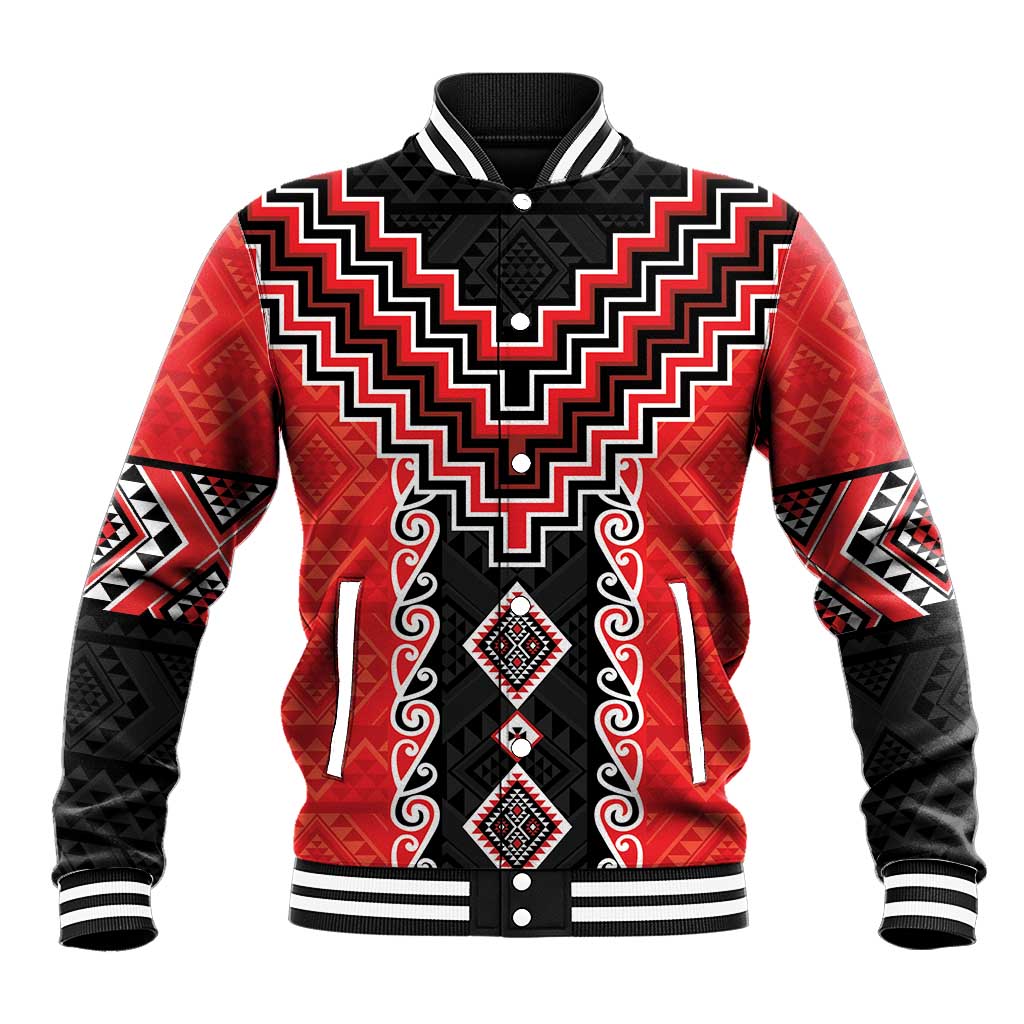 Red Niho Taniwha Mix Poutama Baseball Jacket Unique Taniko Aotearoa