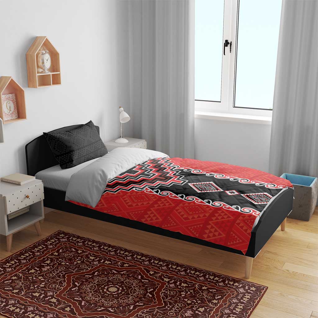 Red Niho Taniwha Mix Poutama Bedding Set Unique Taniko Aotearoa