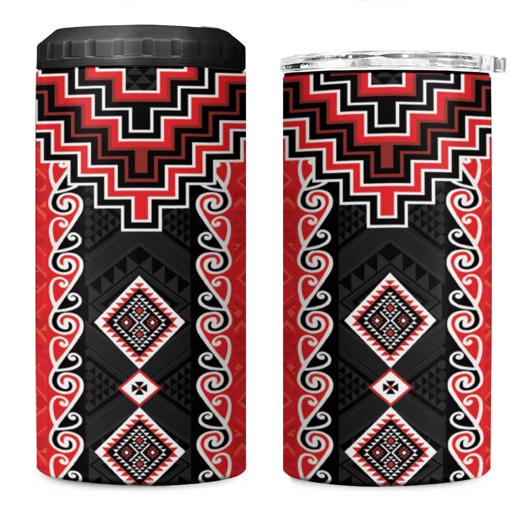 Red Niho Taniwha Mix Poutama 4 in 1 Can Cooler Tumbler Unique Taniko Aotearoa