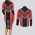 Red Niho Taniwha Mix Poutama Couples Matching Long Sleeve Bodycon Dress and Long Sleeve Button Shirt Unique Taniko Aotearoa