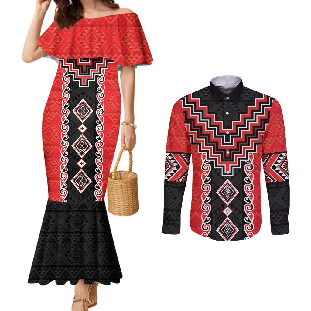 Red Niho Taniwha Mix Poutama Couples Matching Mermaid Dress and Long Sleeve Button Shirt Unique Taniko Aotearoa