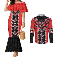 Red Niho Taniwha Mix Poutama Couples Matching Mermaid Dress and Long Sleeve Button Shirt Unique Taniko Aotearoa