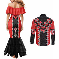 Red Niho Taniwha Mix Poutama Couples Matching Mermaid Dress and Long Sleeve Button Shirt Unique Taniko Aotearoa