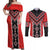 Red Niho Taniwha Mix Poutama Couples Matching Off Shoulder Maxi Dress and Long Sleeve Button Shirt Unique Taniko Aotearoa